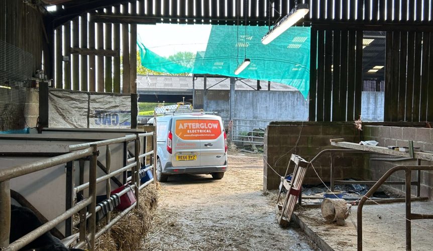 Afterglow Electrical van at a farm providing commercial and agricultural electrical services in Axminster Afterglow Electrical van at a farm providing commercial and agricultural electrical services in Axminster